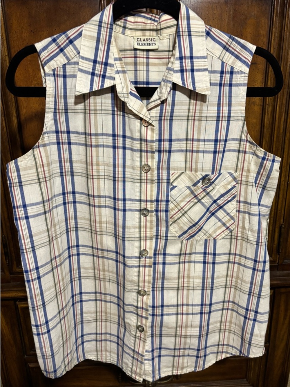 Classic Elements Plaid Sleeveless Button-Up in Cream, Blue & Red